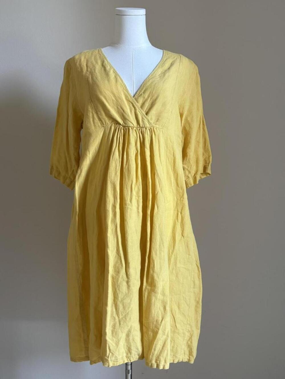 Live Linen Citrus Midi Dress Yellow Half Sleeve Small